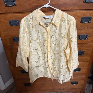 Alfred Dunner Yellow Lace Button Down Shirt